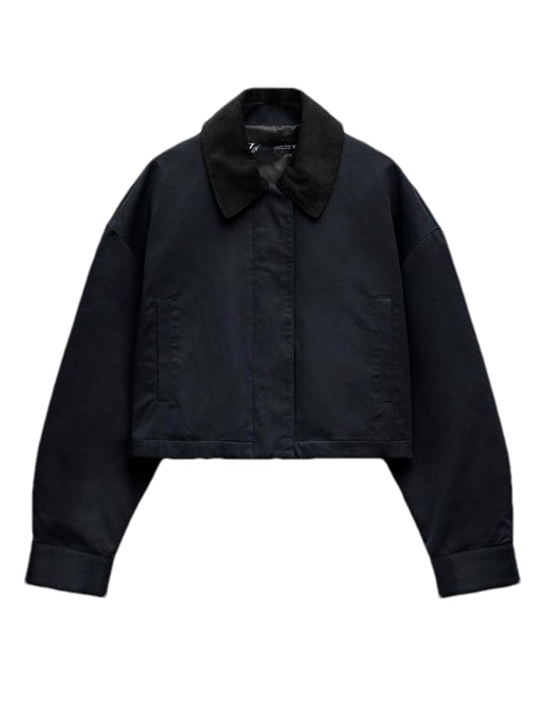 Women's Cropped Jacket Long Sleeve Zip Up Corduroy Collar Jackets Outwear with Pockets | Amazon (US)