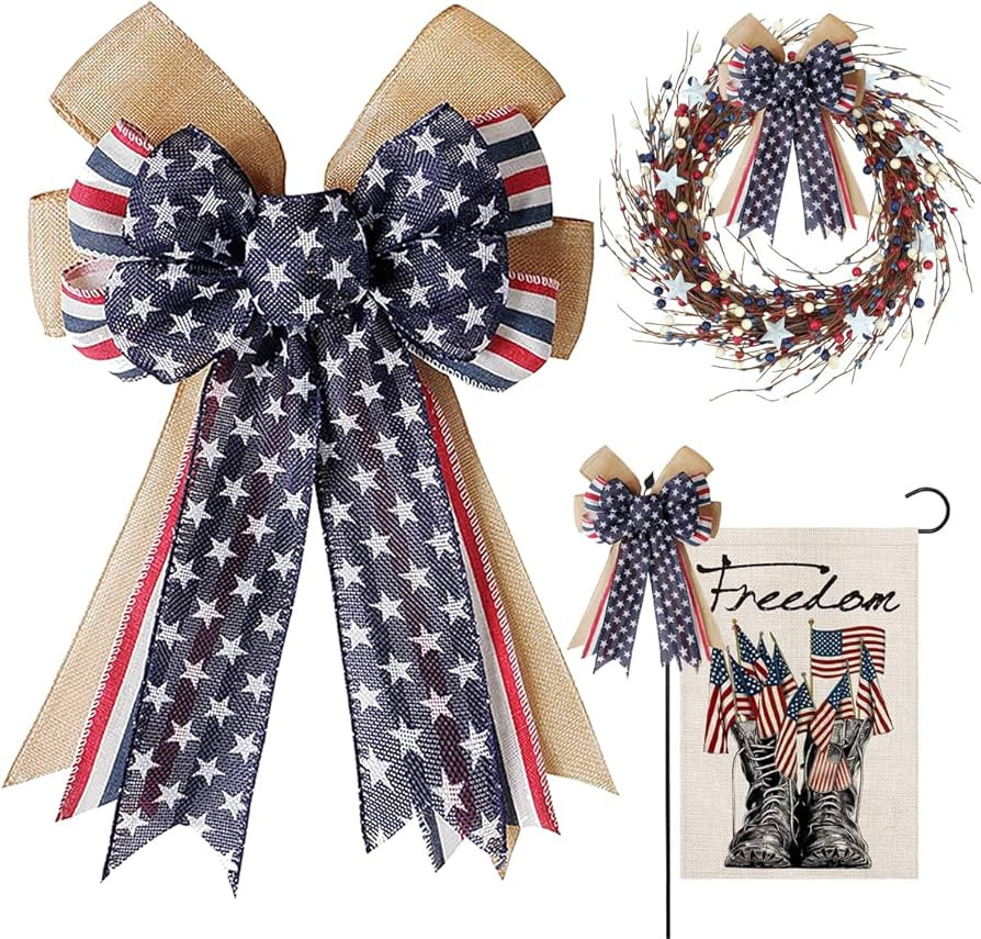 Patriotic Decor Bows for Wreaths,Burlap Red White Blue Stripe Stars Tree Topper Bow for 4th of Ju... | Amazon (US)