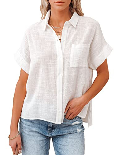 Shebote Womens Short Sleeve Cotton Button Down Up Shirt Collared V Neck Tops Shirts Blouses Dress for Women Western Wear(0051-White-XL) | Amazon (US)