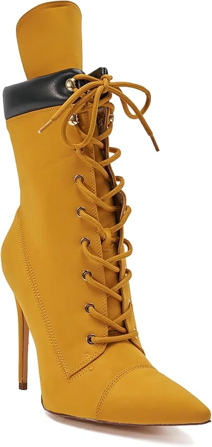 Mustard Yellow Lace-Up Stiletto Boots with Black Accents Pointed Toe High Heel Ankle Boots for Wo... | Amazon (US)
