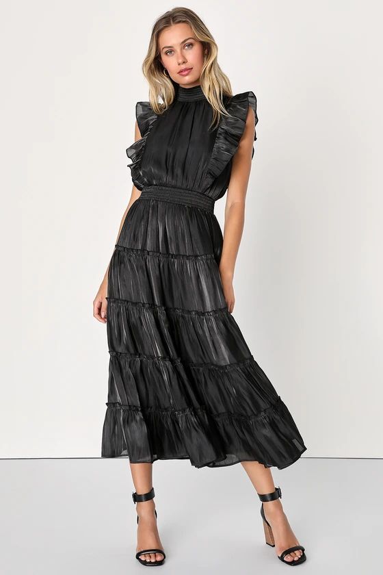 Take a Glance Black Tiered Mock Neck Midi Dress | Lulus (US)