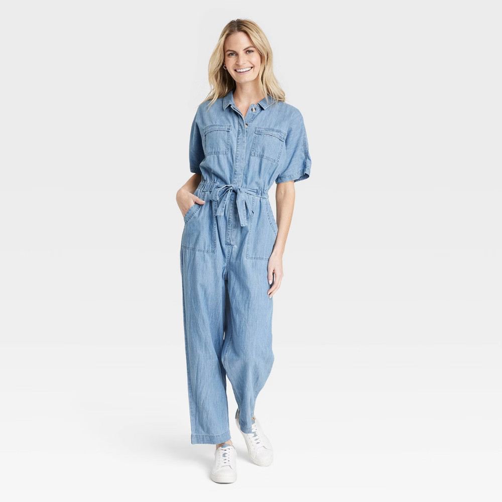 Women's Button-Front Short Sleeve Boilersuit - Universal Thread Indigo 6, Blue | Target