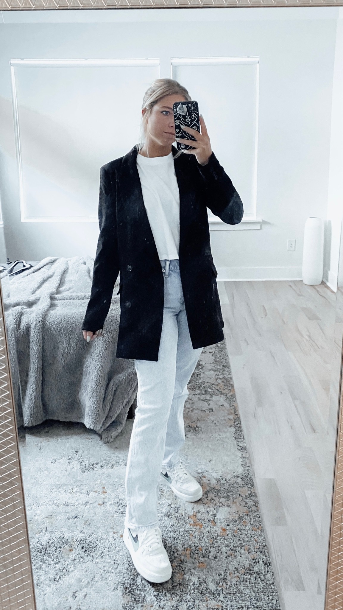 Black oversized blazer with white tee light wash Abercrombie curve love jeans and white/green Nike Air Force 1’s 

#LTKworkwear #LTKstyletip #LTKshoecrush