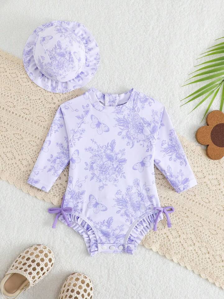 SHEIN Newborn Baby Girls Cute Floral Print Ruffled Long Sleeve Swimsuit With Swim Cap, Suitable For Summer Beach Holiday | SHEIN