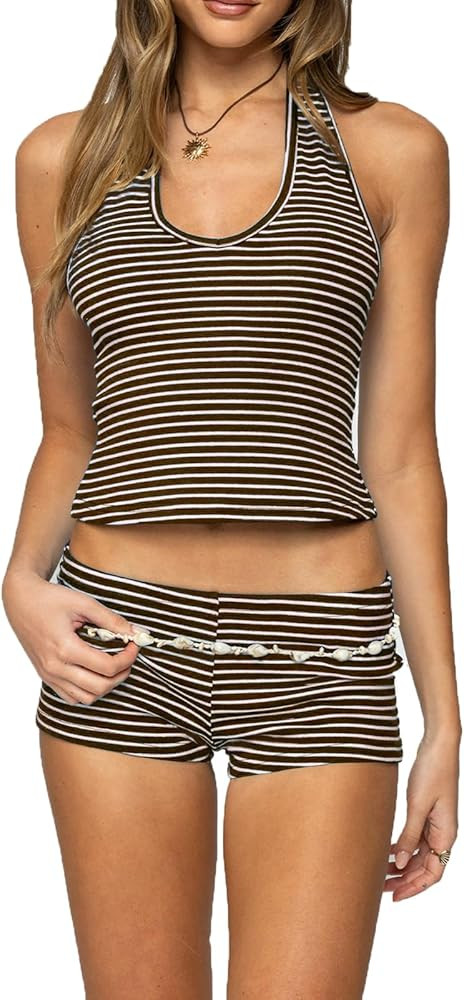 Summer 2 Piece Stripe Print Shorts Set Sleeveless Backless Cami Top Mini Shorts Sets Women Sexy Y... | Amazon (US)