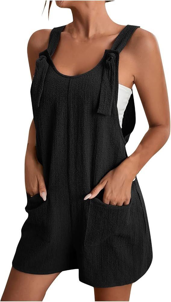 ZsaeSM Summer Short Rompers for Women 2024 Casual Loose Sleeveless Tie Knot Strap Jumpsuits Wide ... | Amazon (US)