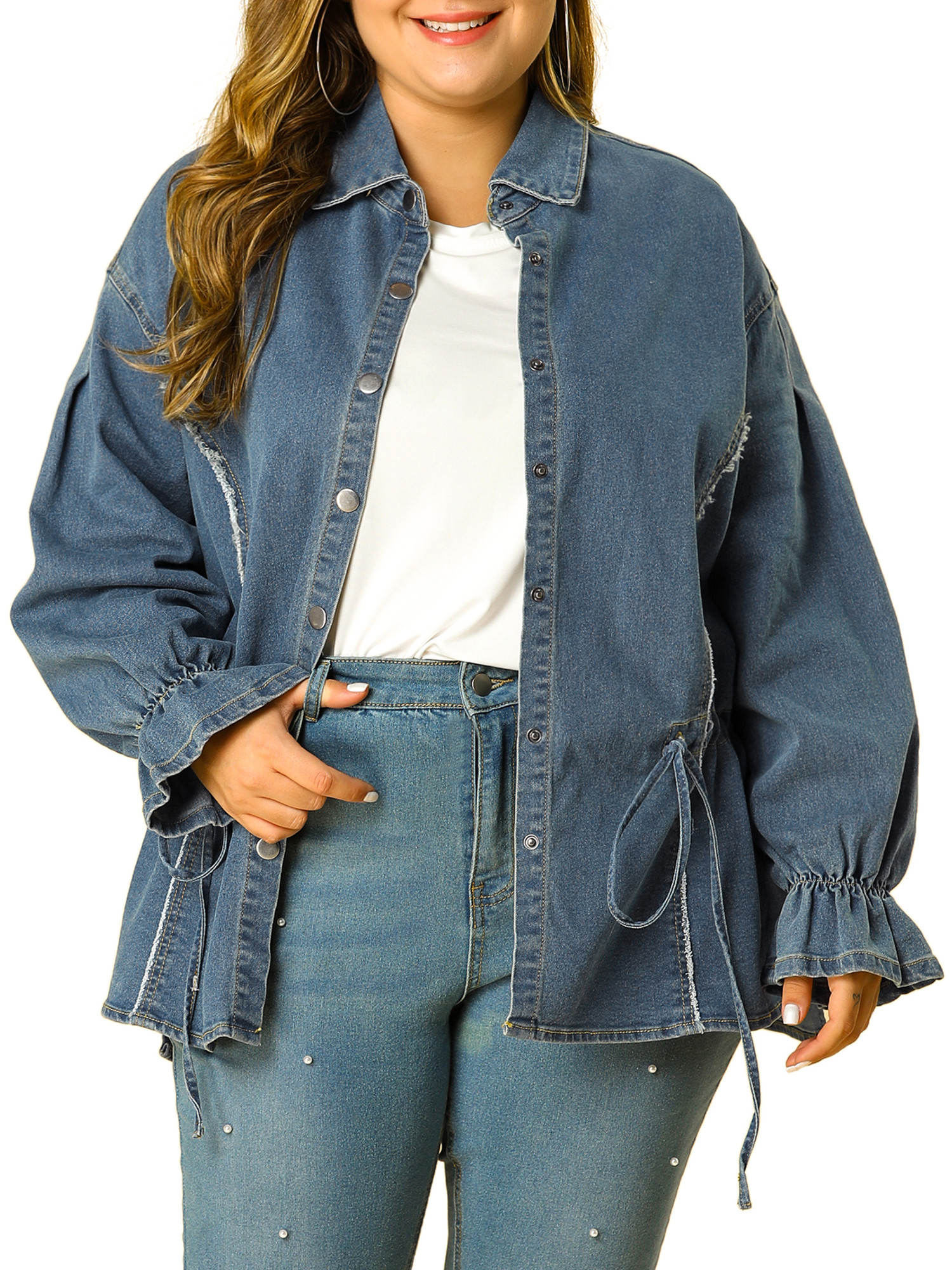 Agnes Orinda Women's Plus Size Long Sleeve Drawstring Denim Jackets | Walmart (US)