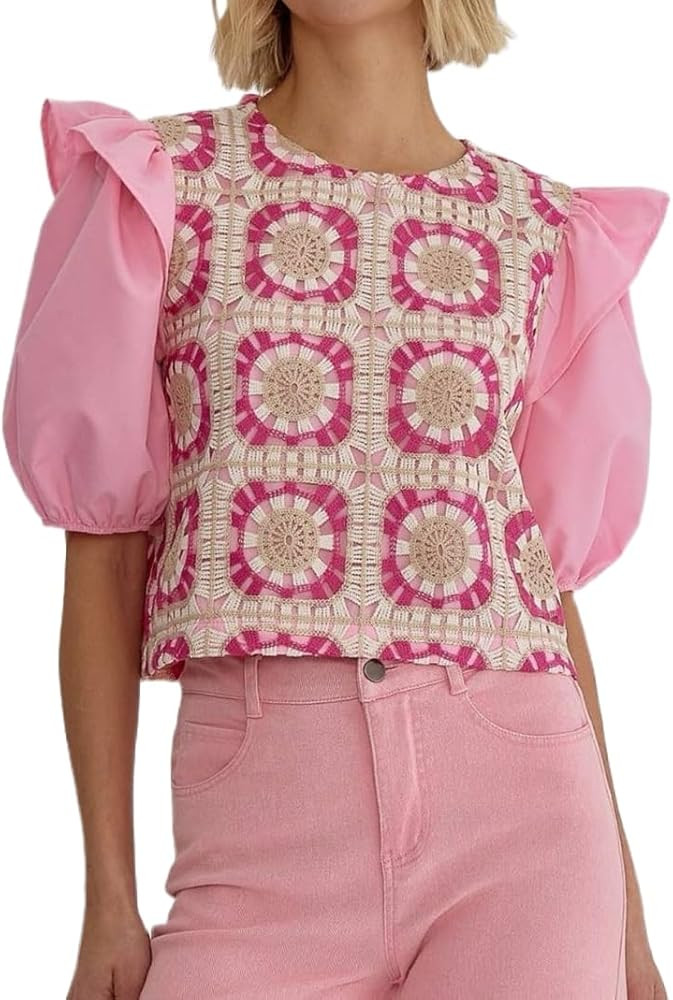 Women Crochet Crop Tops Summer Floral Eyelet Cute Ruffle Sleeve Round Neck Boho Dressy Casual T S... | Amazon (US)