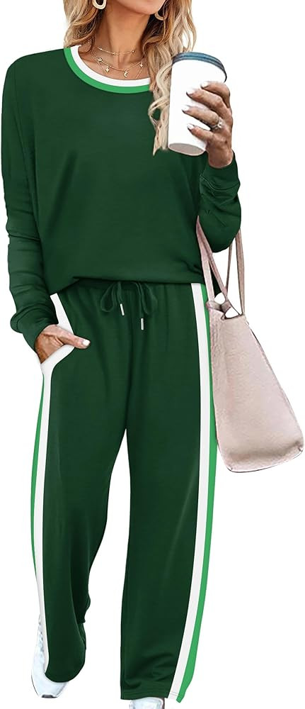WIHOLL 2 Piece Lounge Sets for Women Long Sleeve Tops Wide Leg Sweatpants Sweatsuits with Pockets | Amazon (US)
