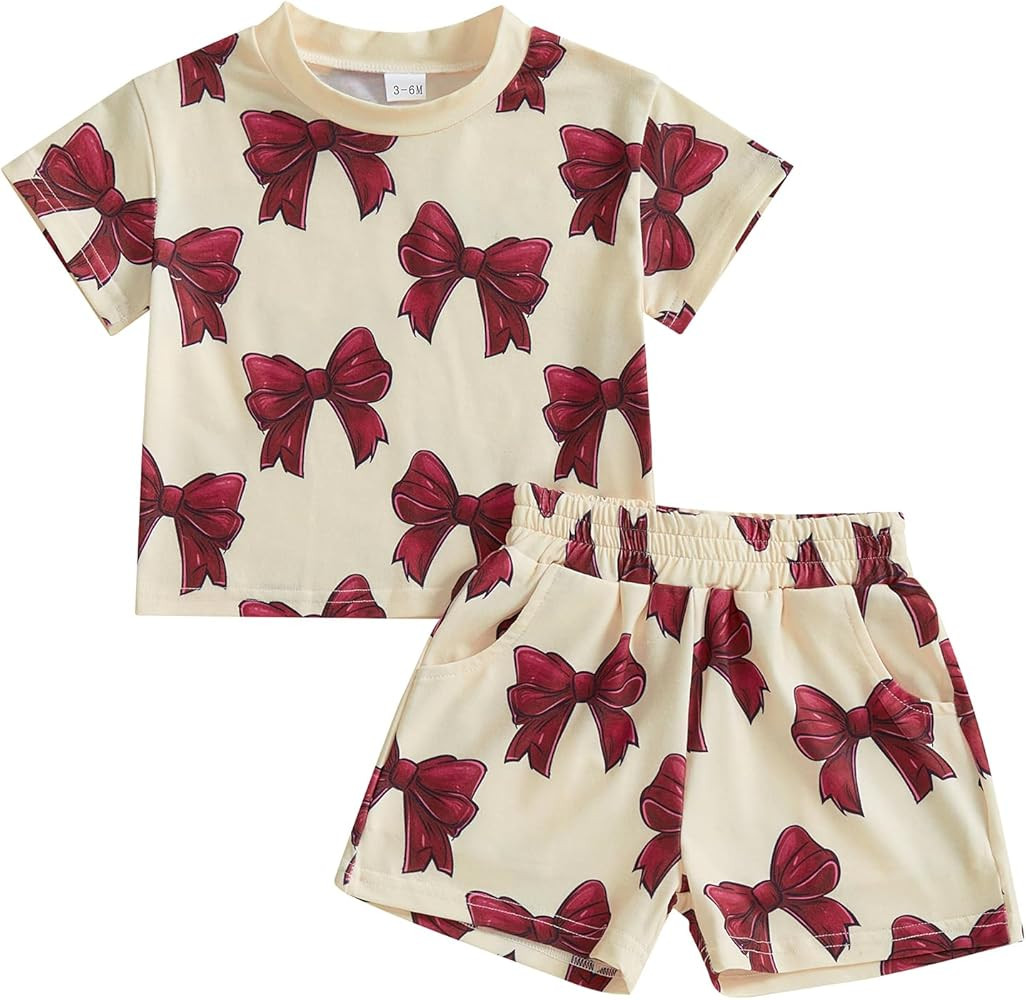 Thorn Tree Baby Girl Summer Outfits Toddler Clothes Cute Bow Tie Print Short Sleeve T-Shirt Pocke... | Amazon (US)