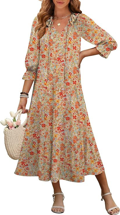 ANRABESS Women's Boho Maxi Dresses 2025 Summer Casual V Neck Puff Sleeve Floral Tiered Flowy Swin... | Amazon (US)
