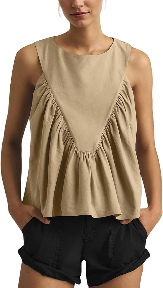Womens Peplum Babydoll Tank Top Crew Neck Loose Fit Summer Tank Tops Swing Sleeveless Shirred Ruf... | Amazon (US)