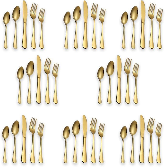 Amazon.com | Berglander Flatware Set 40 Piece, Stainless Steel With Titanium Gold Plated, Golden ... | Amazon (US)
