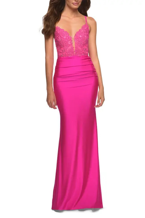 La Femme Neon Prom Dress with Beautiful Lace Bodice and Jersey Skirt in Neon Pink at Nordstrom, Size 0 | Nordstrom