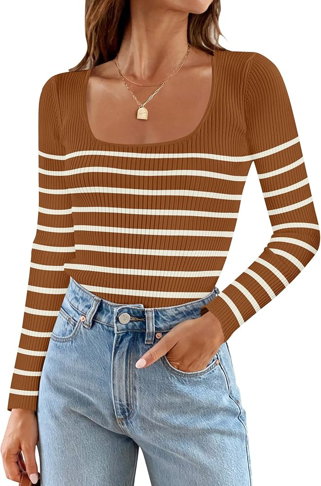 ZESICA Women's Ribbed Long Sleeve Sweater Square Neck Knit Tops 2024 Fall Casual Striped Pullover | Amazon (US)