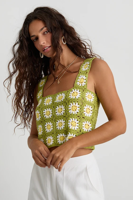 Tamren Lime Green and Yellow Crochet Knit Crop Tank Top | Lulus