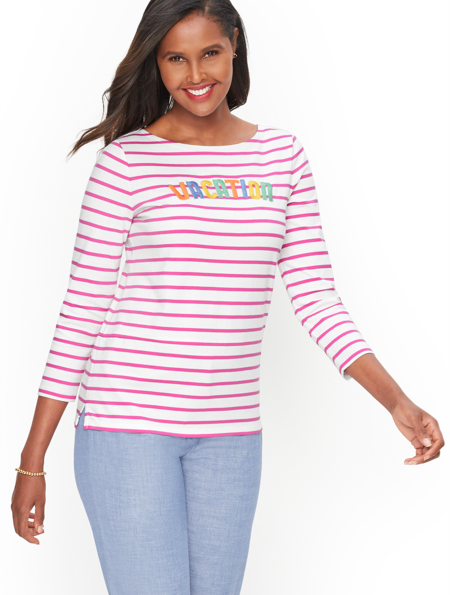 Plus Size - Authentic Talbots T-Shirt - Vacation Stripe - White/Watermelon - 1X - 100% Cotton | Talbots