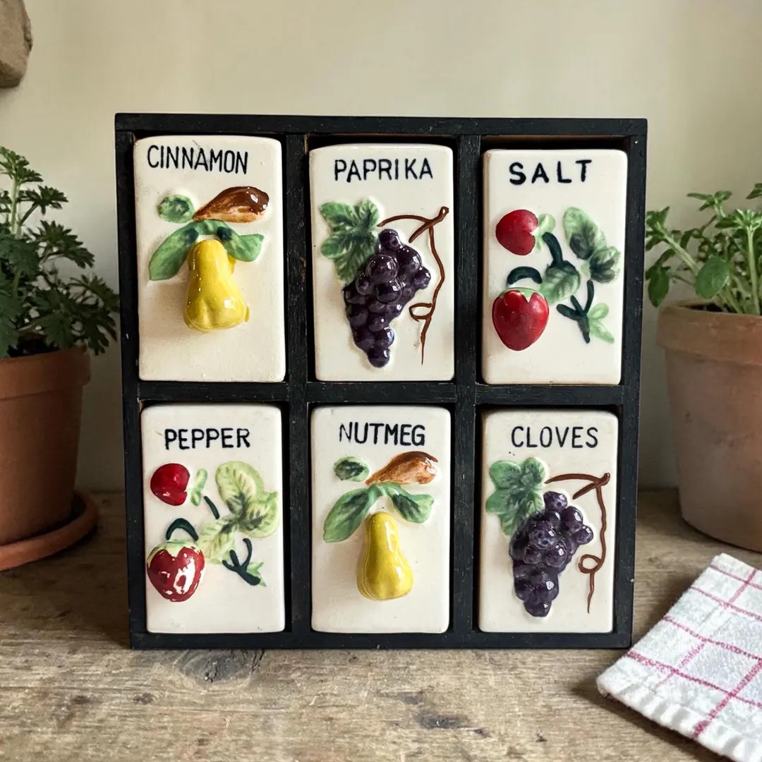 Vintage Fruit Spice Rack Set of 6 Ceramic Shakers with Wood Wall Mount - Made in Japan - Mid Cent... | Etsy (US)