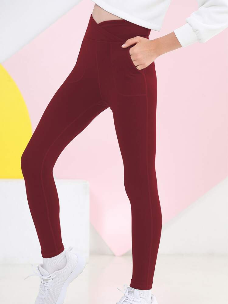 Teen Girls Slant Pocket Wrap Overlap Waist Leggings | SHEIN
