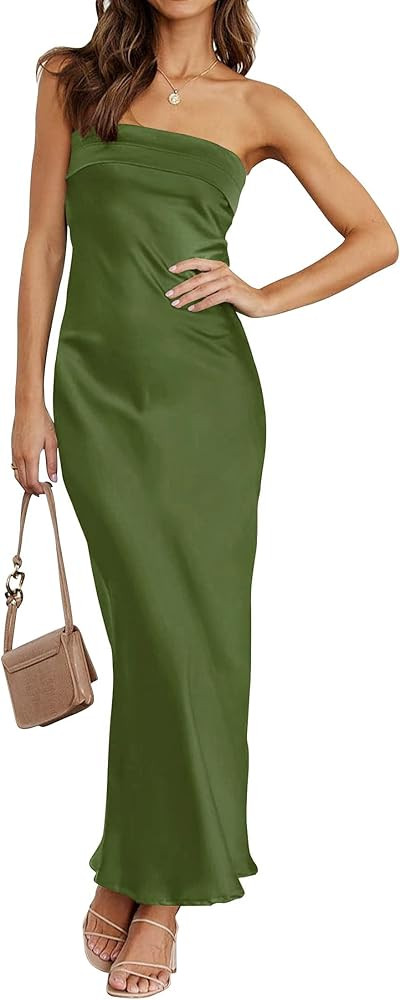 MEROKEETY Women's Summer Satin Strapless Bodycon Dress 2026 Backless Tube Wedding Guest Cocktail ... | Amazon (US)