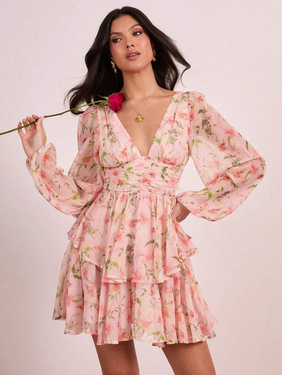 Enchnt Spring/Summer Romantic Women's Pink Floral Print V-Neck Long Sleeve Mini Dress,Sweet&Elega... | SHEIN