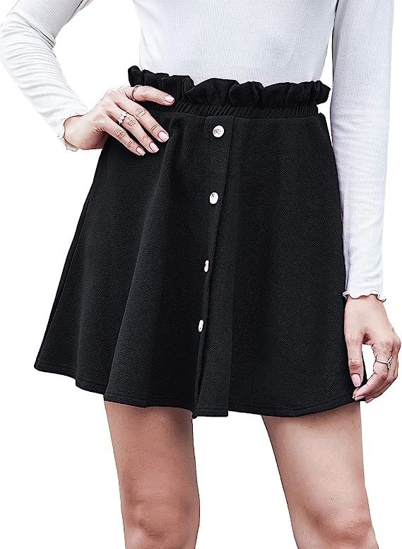 Aifer Women’s Mini Skirt Button Down High Waist Paperbag Flared Casual A-Line Skater Skirts | Amazon (US)