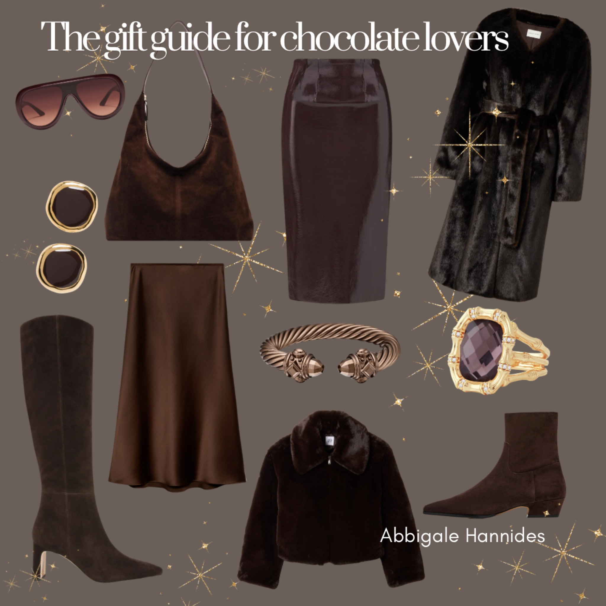 The gift guide for the chocolate lovers. Chocolate ring. Suede boots . Chocolate satin skirt. Suede bag. Faux fur coat. 

#LTKGiftGuide #LTKHoliday #LTKSeasonal