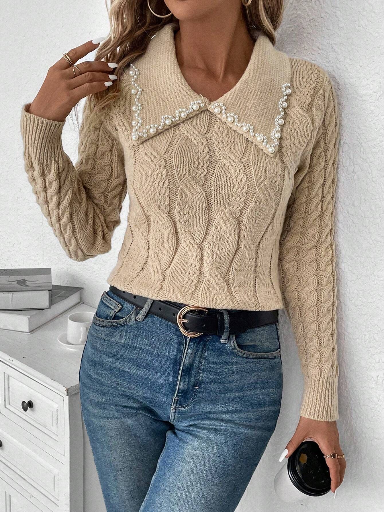 SHEIN Essnce Pearls Beaded Collar Cable Knit Sweater | SHEIN