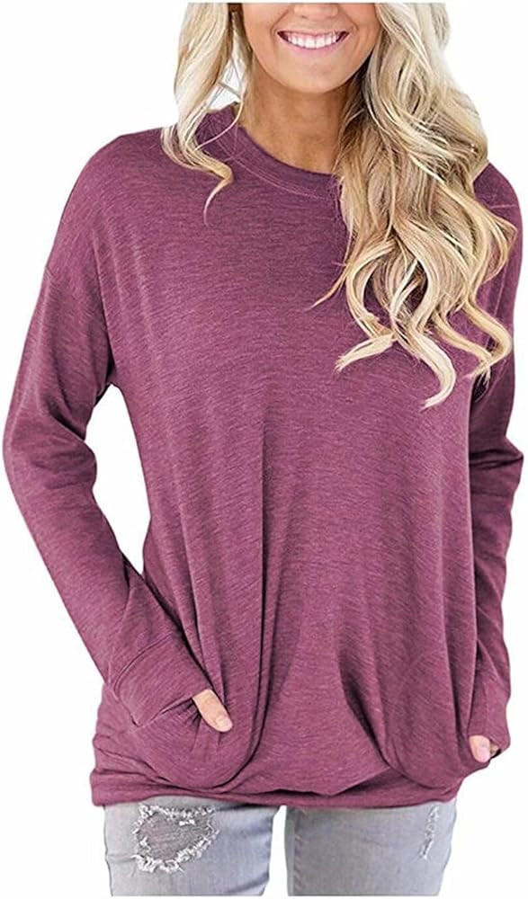 Akihoo Womens Casual Long Sleeve Tunic Tops Crew Neck Shirt Blouses | Amazon (US)