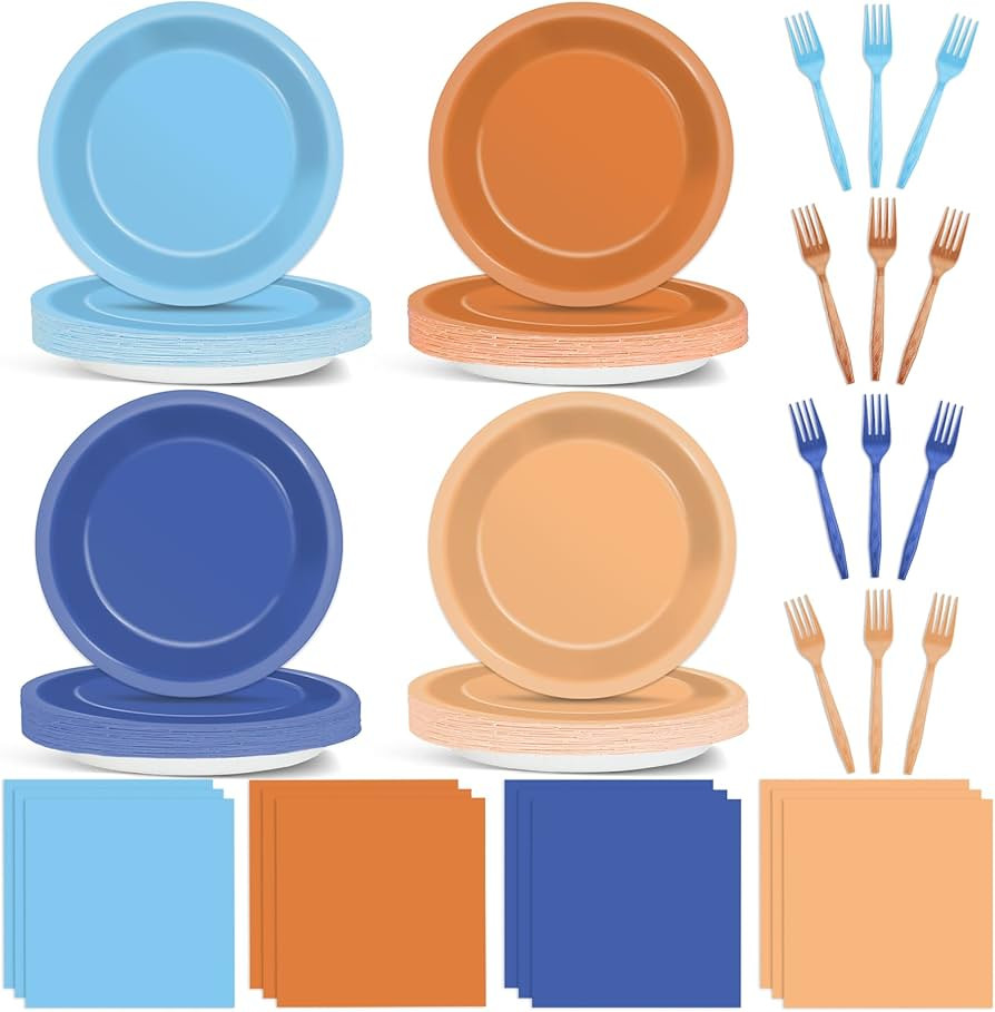 96Pcs Blue Dog  Party Supplies Orange Blue Plates Napkins Forks Party Decor Blue Dog Tabl | Amazon (US)