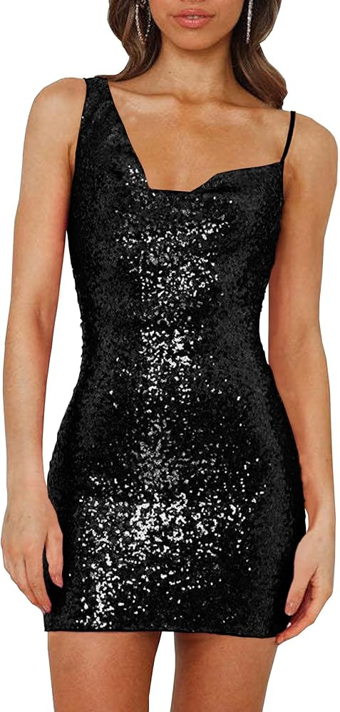 Tsher Women's Sexy Sleeveless One Shoulder Elastic Corset Sequin Sparkly Party Mini Dress | Amazon (US)