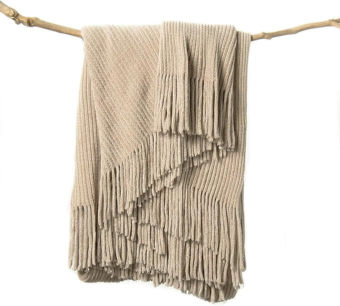 lifein Throw Blanket for Couch, Soft Boho Decor Bed Throw,Cozy Beige Knitted Chenille Small Farmh... | Amazon (US)
