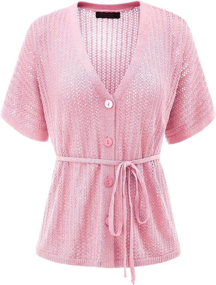 DRESSTELLS Women's Knit Cardigan Lightweight V Neck Short Sleeve Button-Up Hollow Out Summer Swea... | Amazon (US)