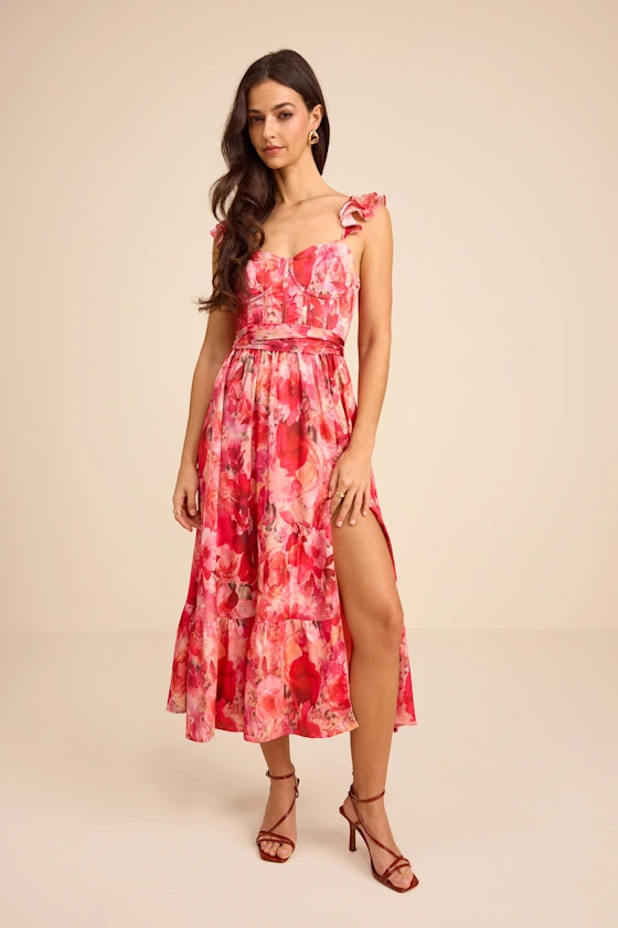 Sweet Like Sangria Pink Floral Ruffled Bustier Midi Dress | Lulus