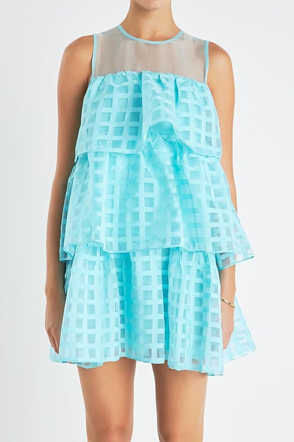 English Factory Women's Organza Gridded Tiered Sleeveless Mini Dress | Amazon (US)