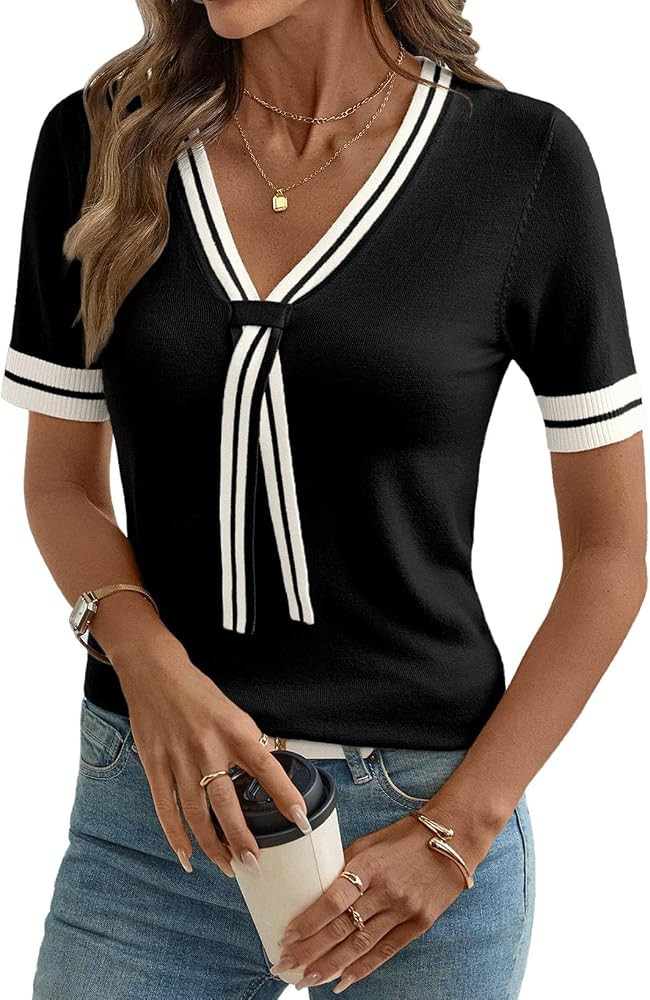 Dokotoo Women's Lightweight Knit Top 2026 Chic V Neck Short Sleeve Sweater Cute Summer Tops Comfo... | Amazon (US)