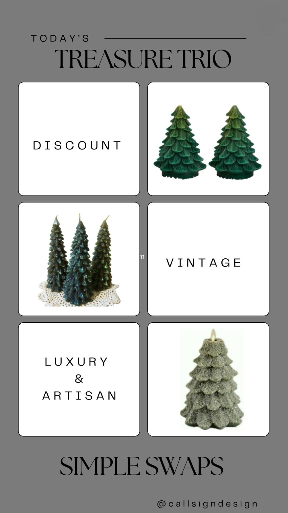 Add a festive touch to your home with these stunning Christmas tree candles. Perfect for your holiday table decor. Check them out! 🎄✨

#Christmas #ChristmasDecor #WhiteChristmas #TraditionalChristmas #VintageChristmas 
#CallSignDesign #Vintage #Luxury #InteriorDesign #InteriorDecorating #Elegance #Chandelier #OldWorldCharm #DesignStyle #CastleCore #OldWorldCharm  #SimpleSwaps