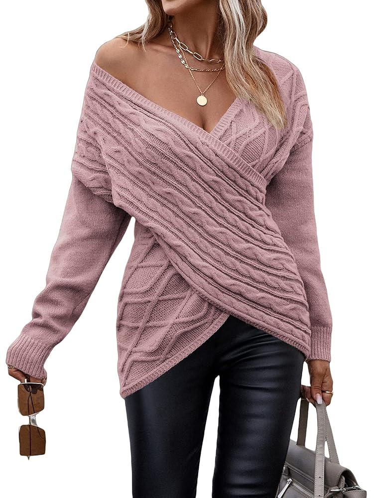WDIRARA Women's Wrap V Neck Criss Cross Long Sleeve Asymmetrical Sweater Cable Knit Tops | Amazon (US)