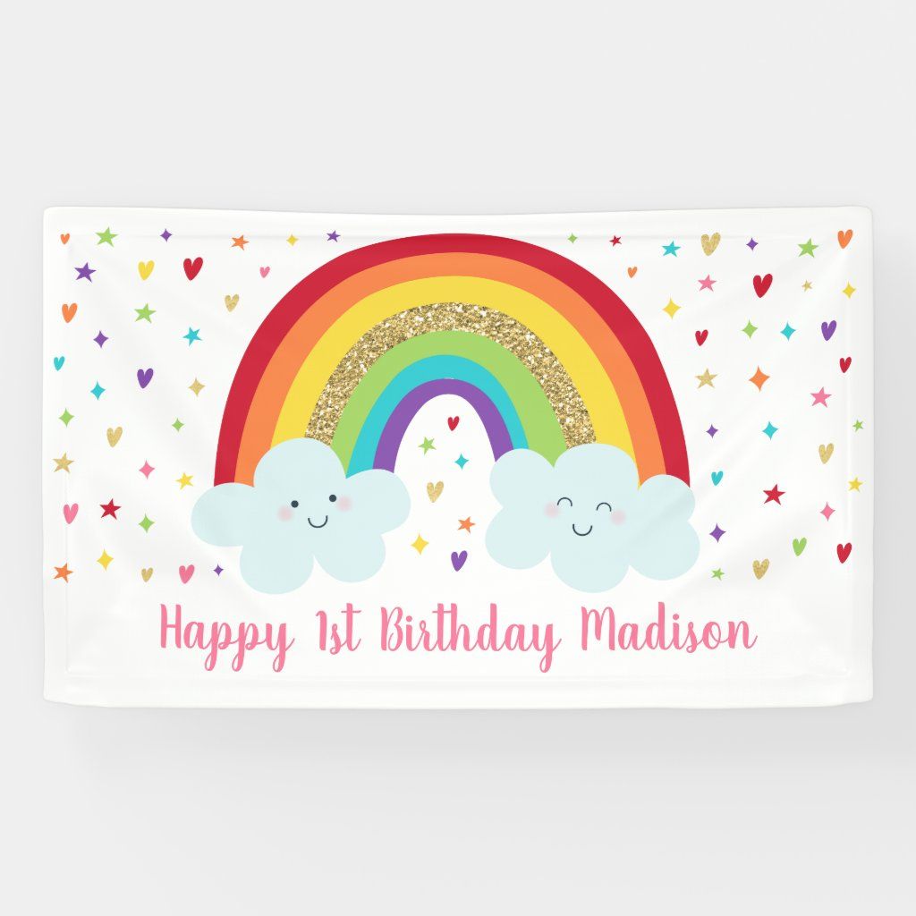 Rainbow Pink & Gold First Birthday Banner | Zazzle