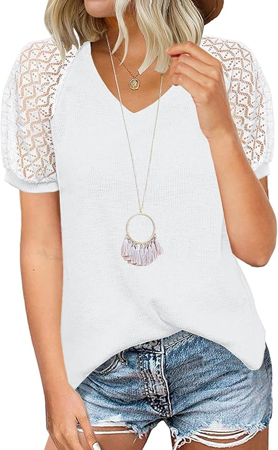 MIHOLL Women's Lace Short Sleeve V Neck Shirts Loose Casual Tops Tee Shirt | Amazon (US)