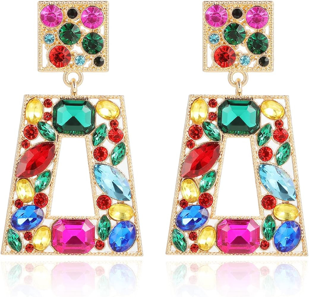 Rhinestone Rectangle Statement Earrings Colorful Crystal Geometric Drop Dangle Earrings for Women... | Amazon (US)