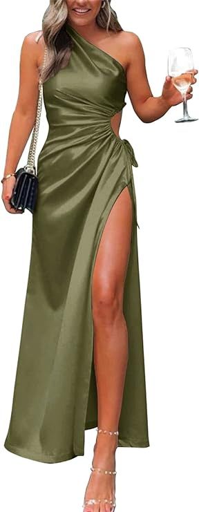 PRETTYGARDEN Women's 2024 Summer One Shoulder Satin Dress Cutout High Split Cocktail Wedding Gues... | Amazon (US)