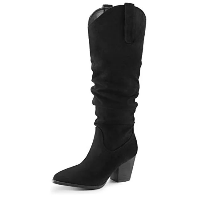 Mysoft Women's Knee-High Pointed Toe Black Boots Wide Calf Mid Chunky Heel Slouchy Boots With Sid... | Walmart (US)