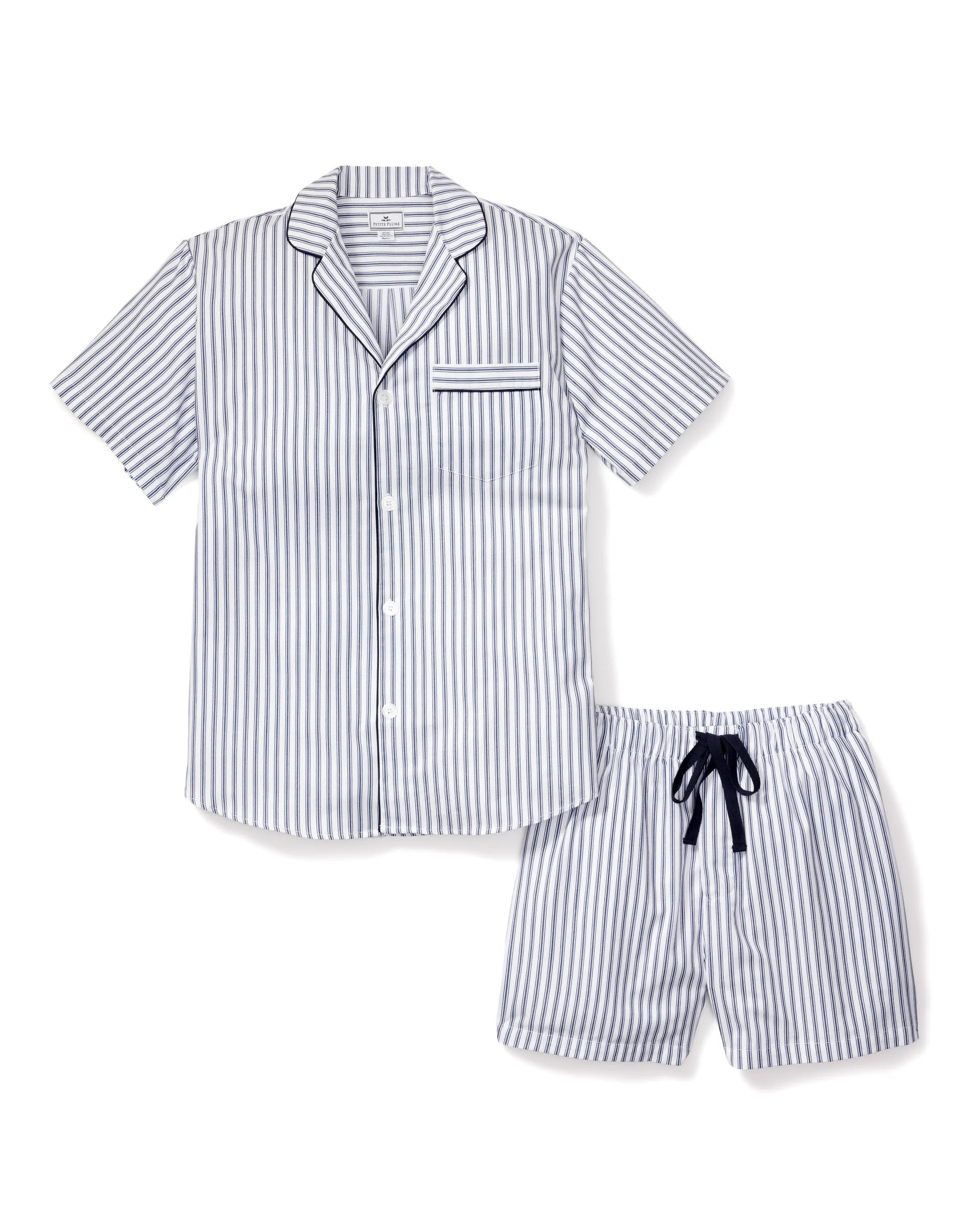 Men's Twill Pajama Short Set in Navy French Ticking | Petite Plume