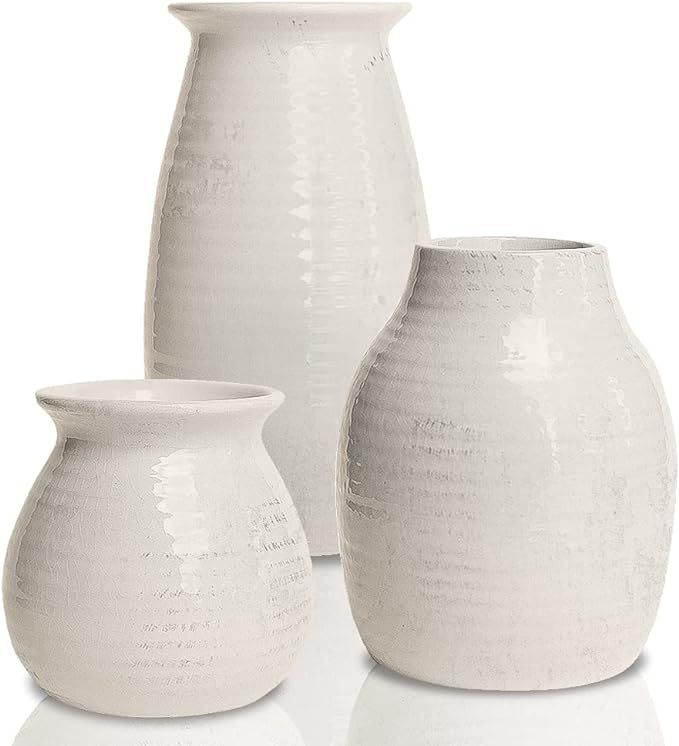 White Vases for Decor - Rustic Home Decor, Modern Farmhouse Decorations - Ceramic Vase for Firepl... | Amazon (US)