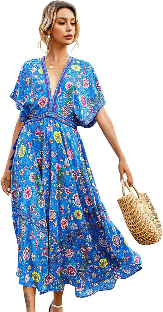 R.Vivimos Women Summer Print Deep V Neck Cotton Beach Long Dresses | Amazon (US)