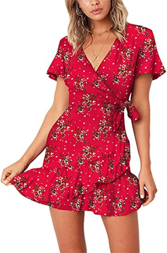 Womens Spring Summer Casual Elegant Knot Front V Neck Ruffles Short Sleeve Floral Print Swing Min... | Amazon (US)