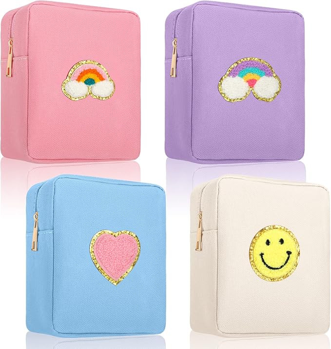 Spiareal 4 Pcs Preppy Cute Patch Makeup Bags Nylon Toiletry Cosmetic Travel Chenille Skincare Pou... | Amazon (US)