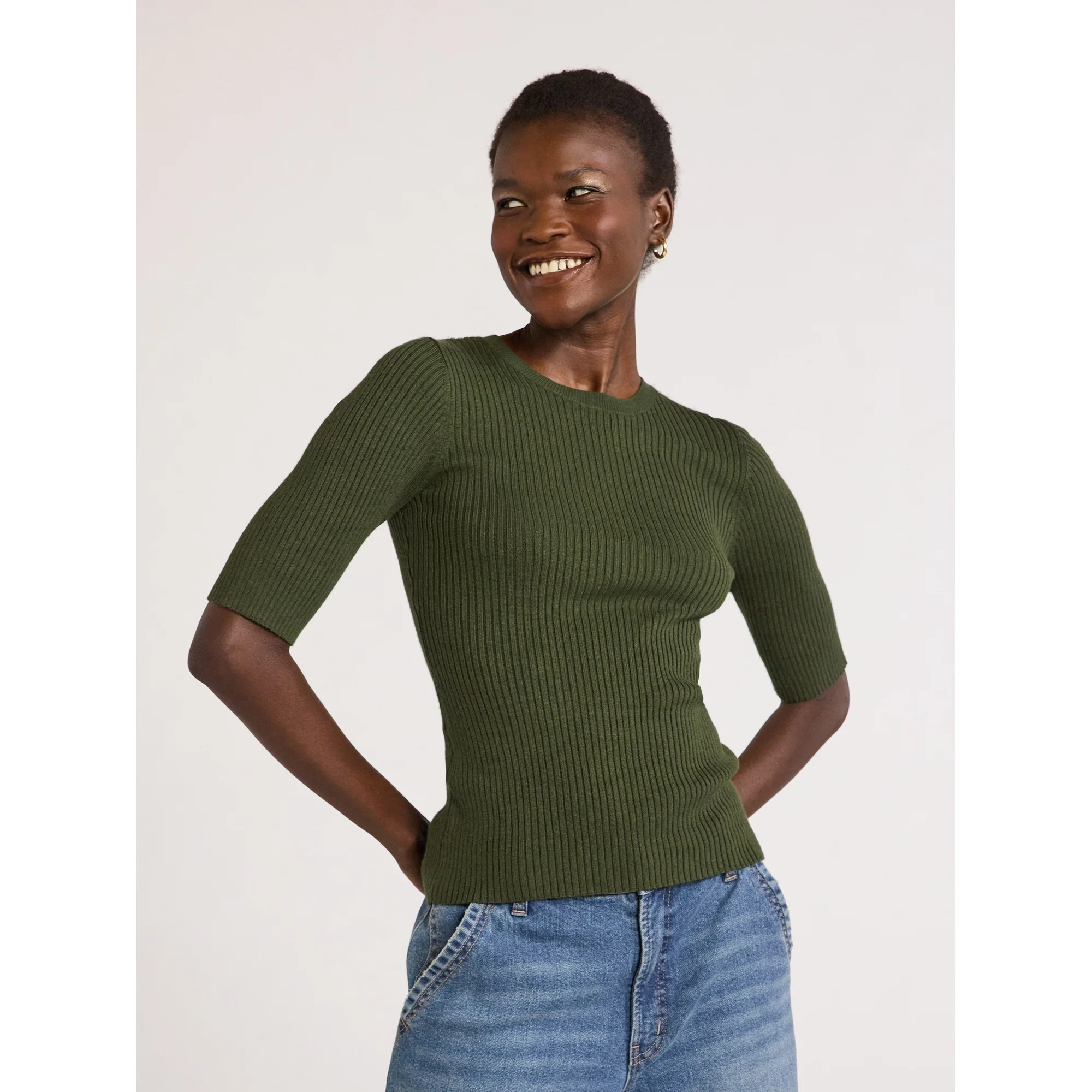 Scoop Women's Rib Knit Sweater with Elbow Length Sleeves, Lightweight, Sizes XS-XXL | Walmart (US)