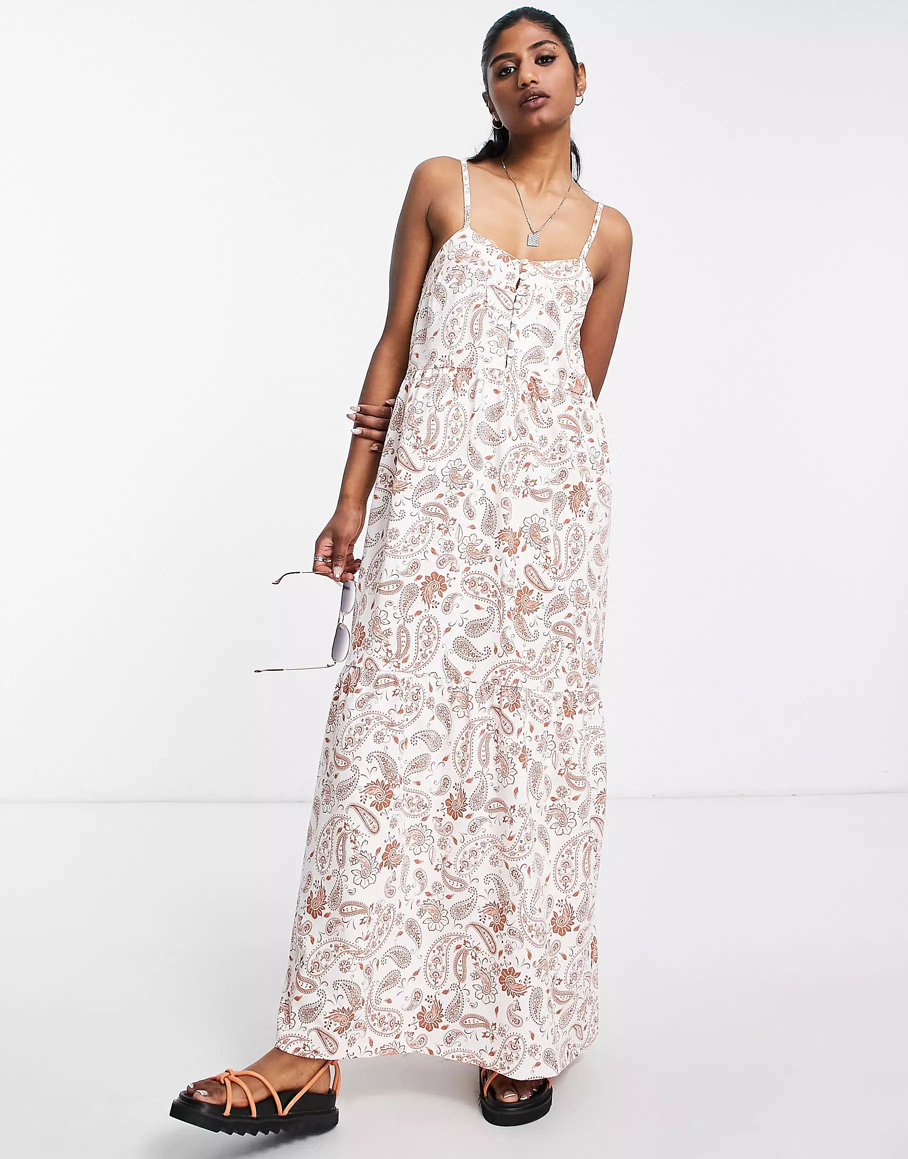 ASOS DESIGN tiered cami maxi dress with faux shell buttons in paisley print | ASOS (Global)
